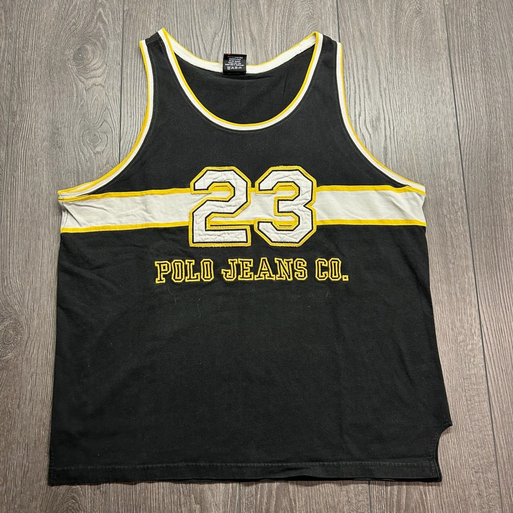 Vintage Polo Jeans Co Ralph Lauren 23 Basketball Large Tank Top Black Yellow